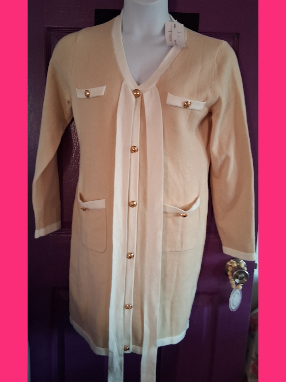 Cream Longline Sweater Dress with Contrast Trim and Gold Buttons